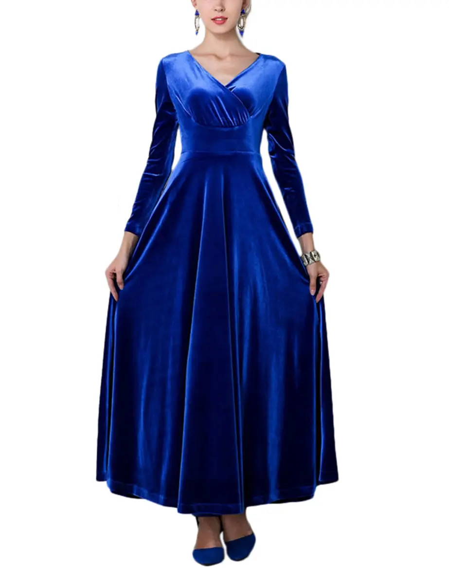 Urban CoCo Women Long Sleeve V-Neck Velvet Stretchy Long Dress (Medium, Royal Blue) | Elegant Winter Dress with Comfortable Fit - view 3