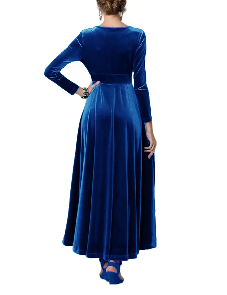 Urban CoCo Women Long Sleeve V-Neck Velvet Stretchy Long Dress (Medium, Royal Blue) | Elegant Winter Dress with Comfortable Fit - view 4