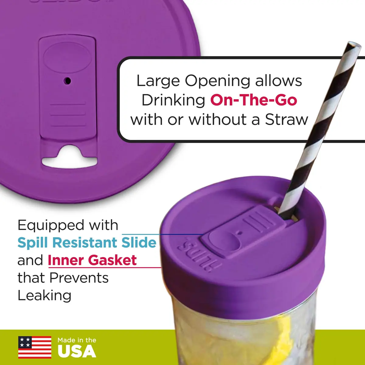 iLIDS Mason Jar Drink Lid, Wide Mouth, Mulberry, 2 Pack, BPA-Free USA Made | Spill-Resistant, Reusable & Dishwasher Safe - view 3