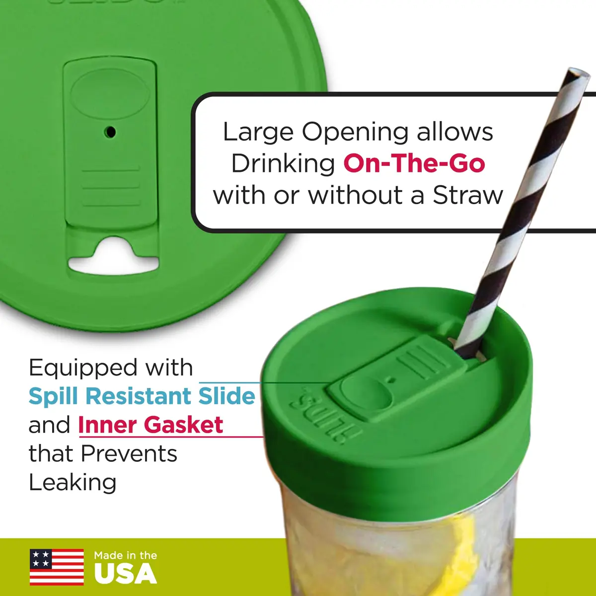 iLIDS Mason Jar Drink Lid, Wide Mouth, Grass Green, 2 Pack, BPA-Free | Spill-Resistant, Reusable & Made in USA - view 3