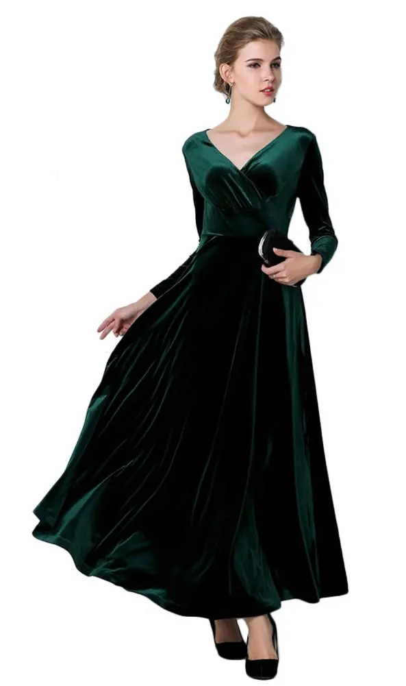 Urban CoCo Women Long Sleeve V-Neck Velvet Stretchy Long Dress (Large, Green) | Elegant Winter Autumn Dress - view 2