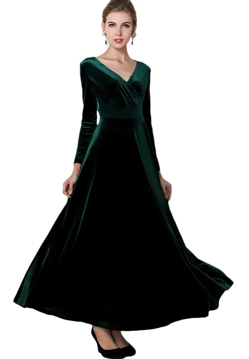 Urban CoCo Women Long Sleeve V-Neck Velvet Stretchy Long Dress (Large, Green) | Elegant Winter Autumn Dress - view 3