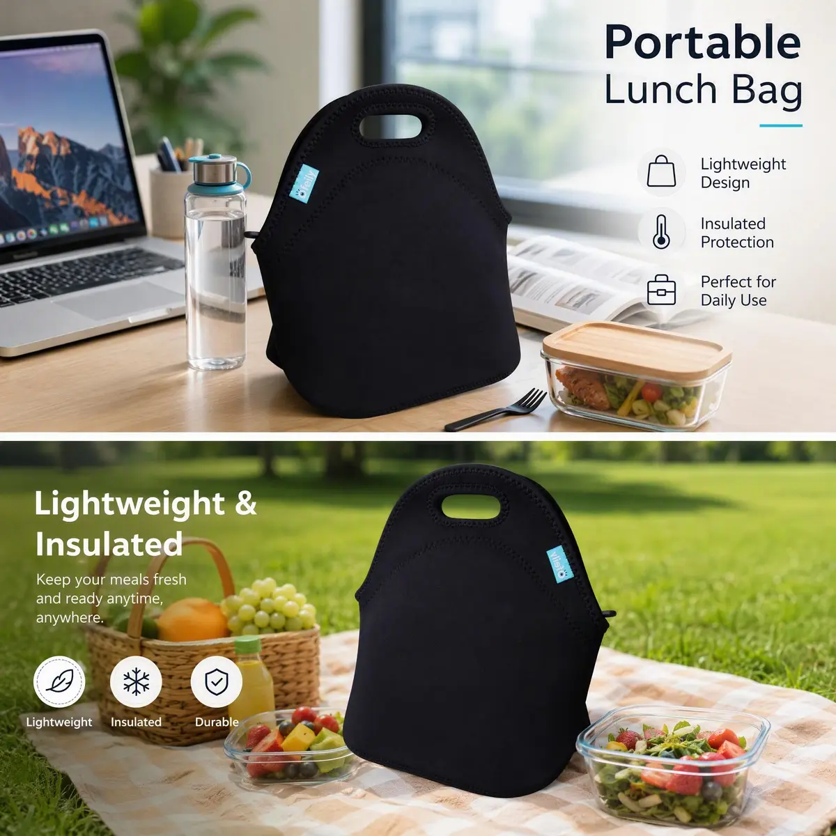 Ofeily Neoprene Lunch Tote Bag 10L (0.35 cu ft) | Insulated, Waterproof, Zippered Lunch Bag for Adults - view 7