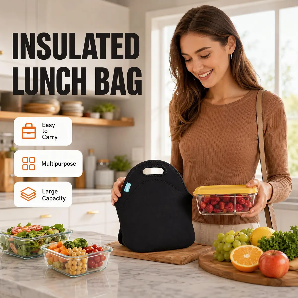 Ofeily Neoprene Lunch Tote Bag 10L (0.35 cu ft) | Insulated, Waterproof, Zippered Lunch Bag for Adults - view 4