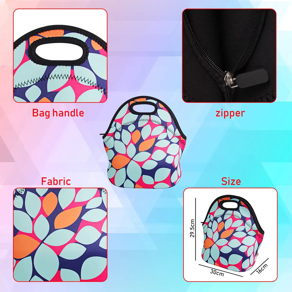 Ofeily Leaf Pattern Insulated Lunch Tote Bag 10L (0.35 cu ft) | Waterproof Neoprene Lunch Bag for Adults - view 8