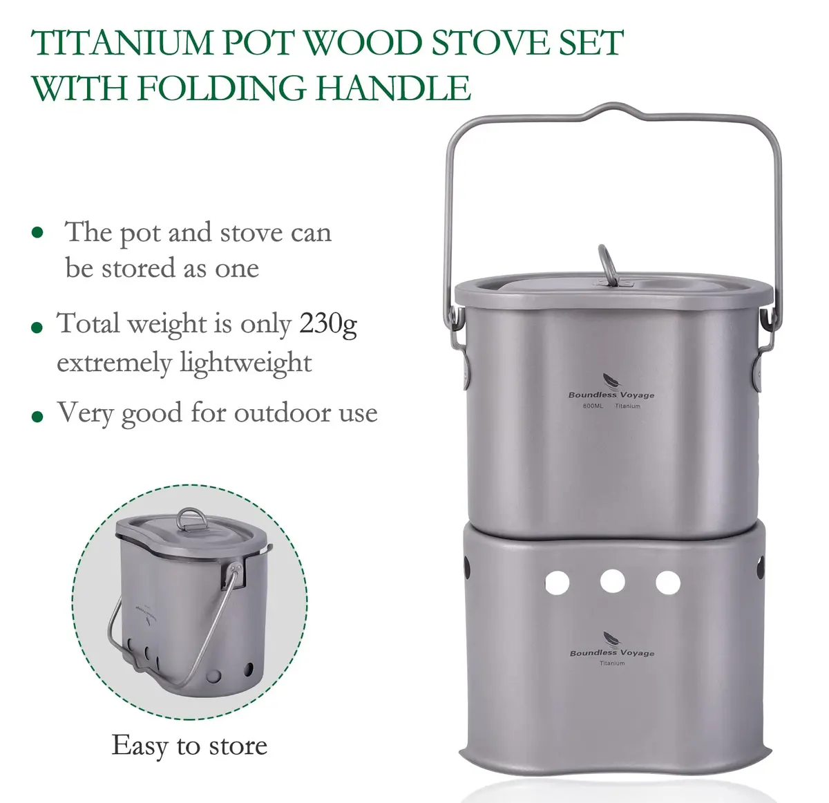 Boundless Voyage Titanium Pot with Wood Stove Set 800ml | Ultralight Camping Cookware - view 7