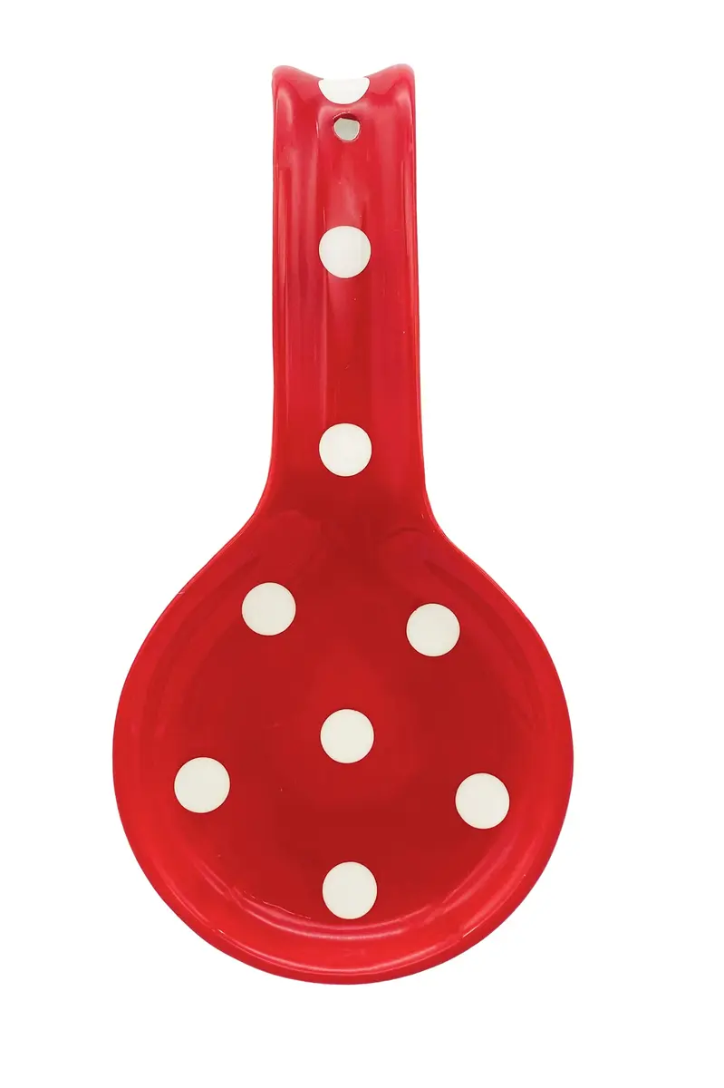 ACK Red Polka Dot Ceramic Spoon Rest | Hand-Painted Utensil Holder for Kitchen Counter, 17.5cm (6.9in) - main product image
