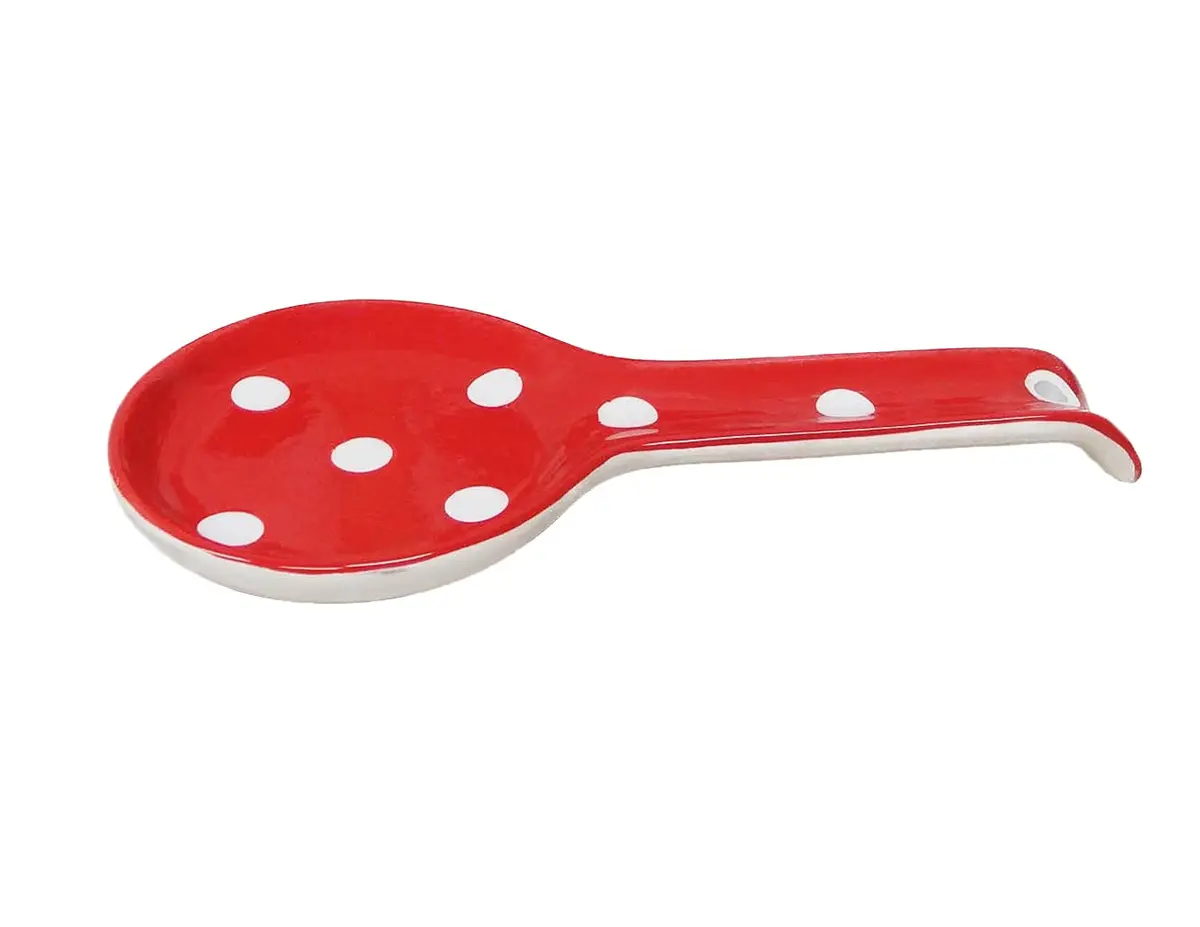 ACK Red Polka Dot Ceramic Spoon Rest | Hand-Painted Utensil Holder for Kitchen Counter, 17.5cm (6.9in) - view 2