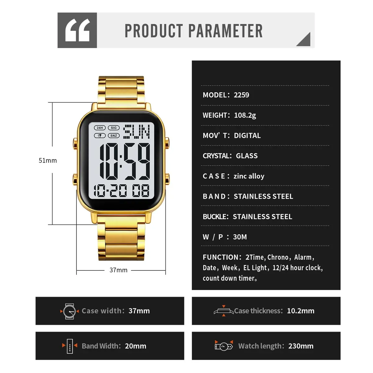 Gosasa Digital Unisex Waterproof Watch 33mm Square Rose Gold | Multifunctional & Stylish - view 8