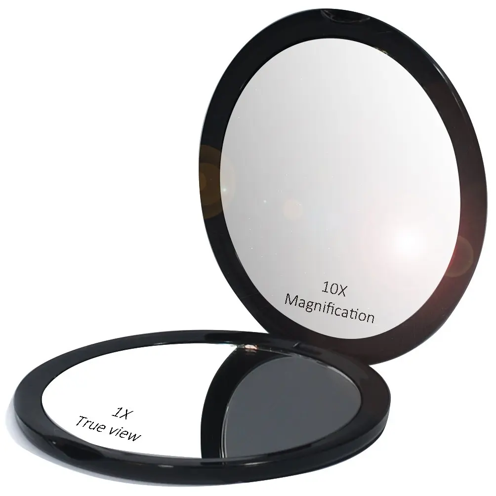 VrHere MirriM Makeup Pocket Mirror 4" Diameter | 10x Magnification & Plain Mirror, Black - main product image