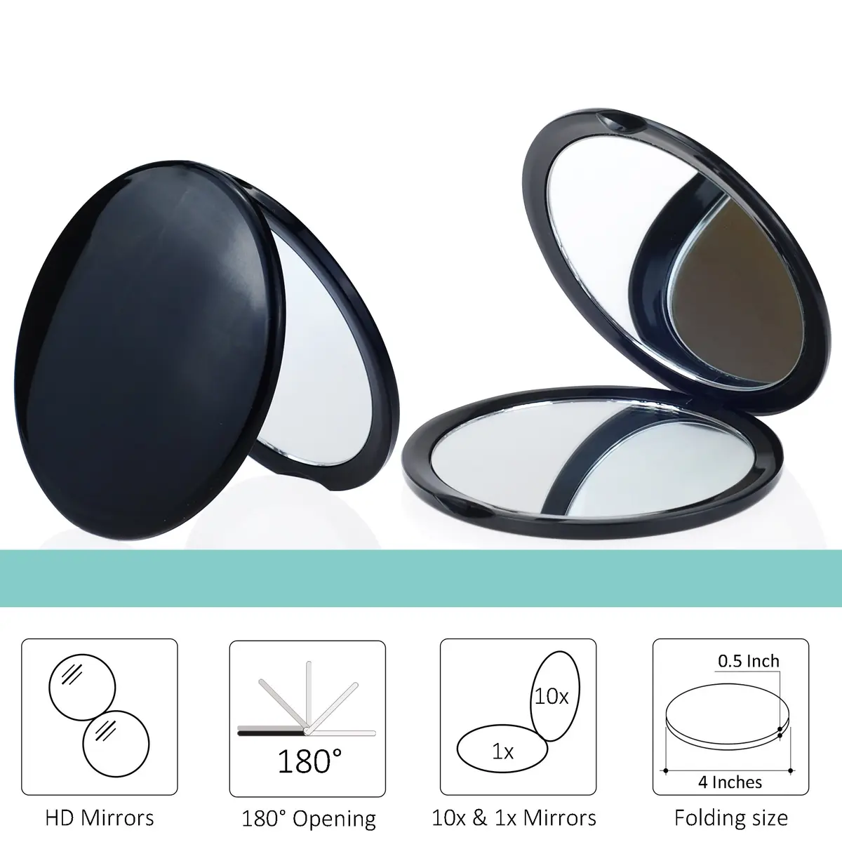 VrHere MirriM Makeup Pocket Mirror 4" Diameter | 10x Magnification & Plain Mirror, Black - view 2