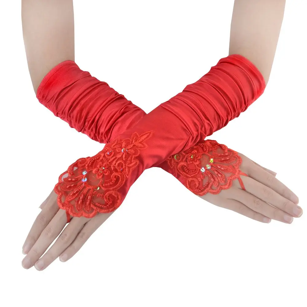 JISEN Women 20s Fingerless Satin Gloves with Finger Loops 15 Inch Red | Elegant Bridal & Evening Accessory - main product image