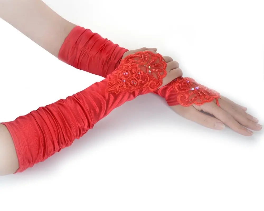 JISEN Women 20s Fingerless Satin Gloves with Finger Loops 15 Inch Red | Elegant Bridal & Evening Accessory - view 2