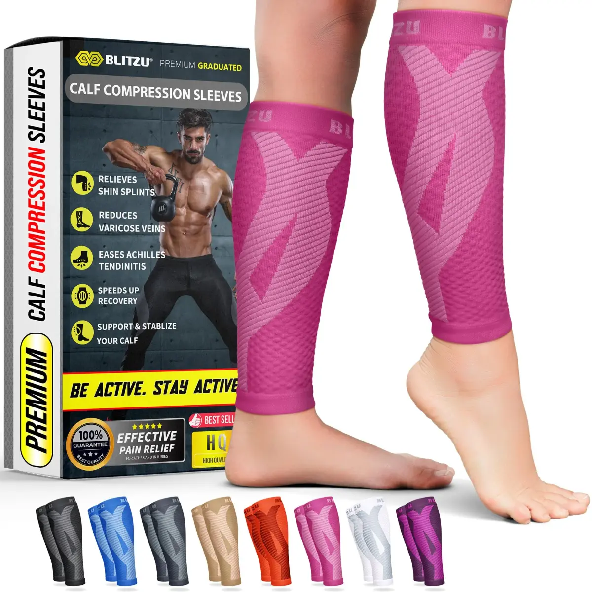 BLITZU Calf Compression Sleeves Pink Large/X-Large | FDA Approved Orthopedic Brace for Shin Splints & Varicose Veins - main product image