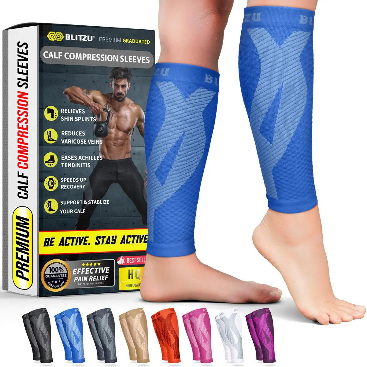 BLITZU Calf Compression Sleeves Blue Large/X-Large | FDA Approved Orthopedic Brace for Shin Splints & Varicose Veins - main product image