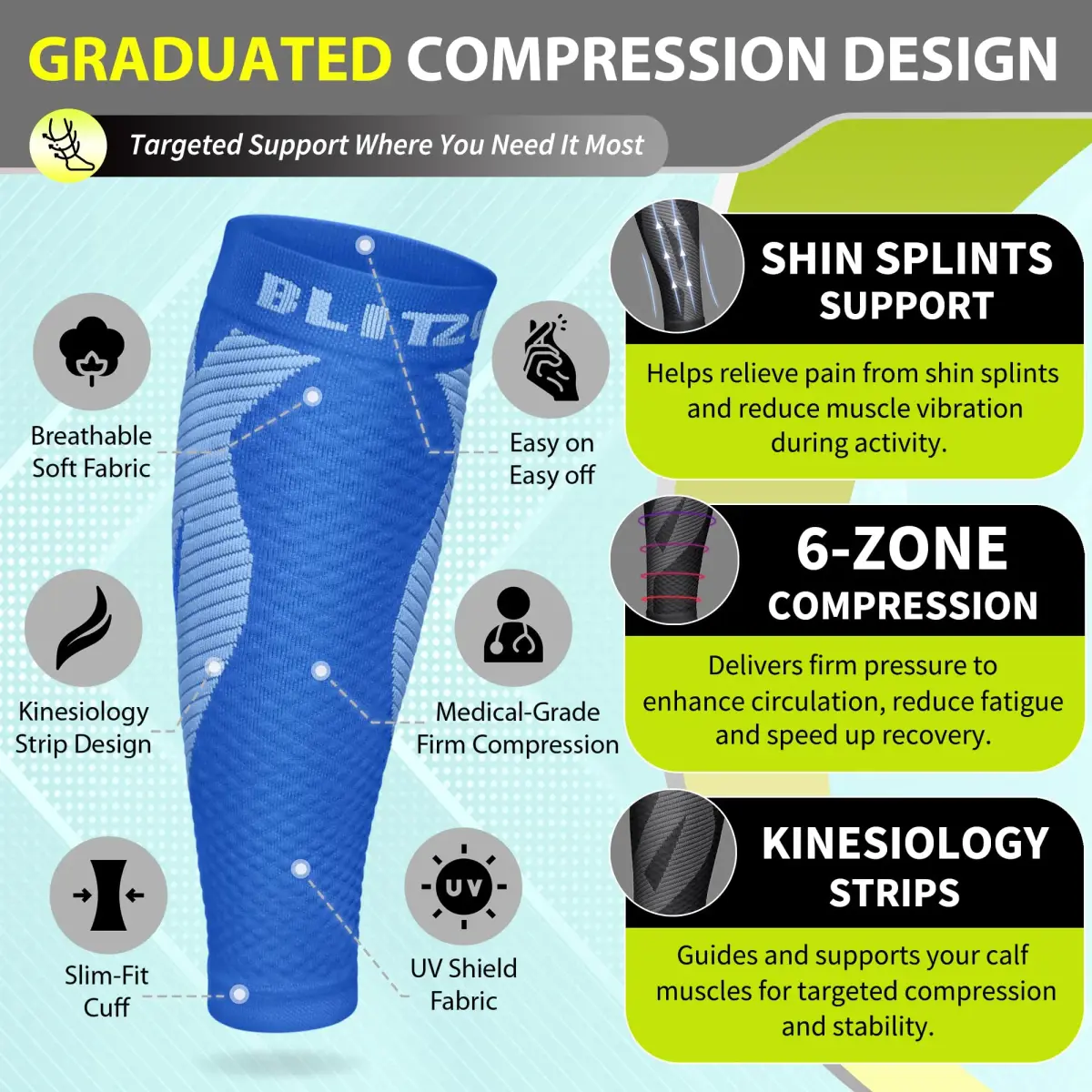BLITZU Calf Compression Sleeves Blue Large/X-Large | FDA Approved Orthopedic Brace for Shin Splints & Varicose Veins - view 3