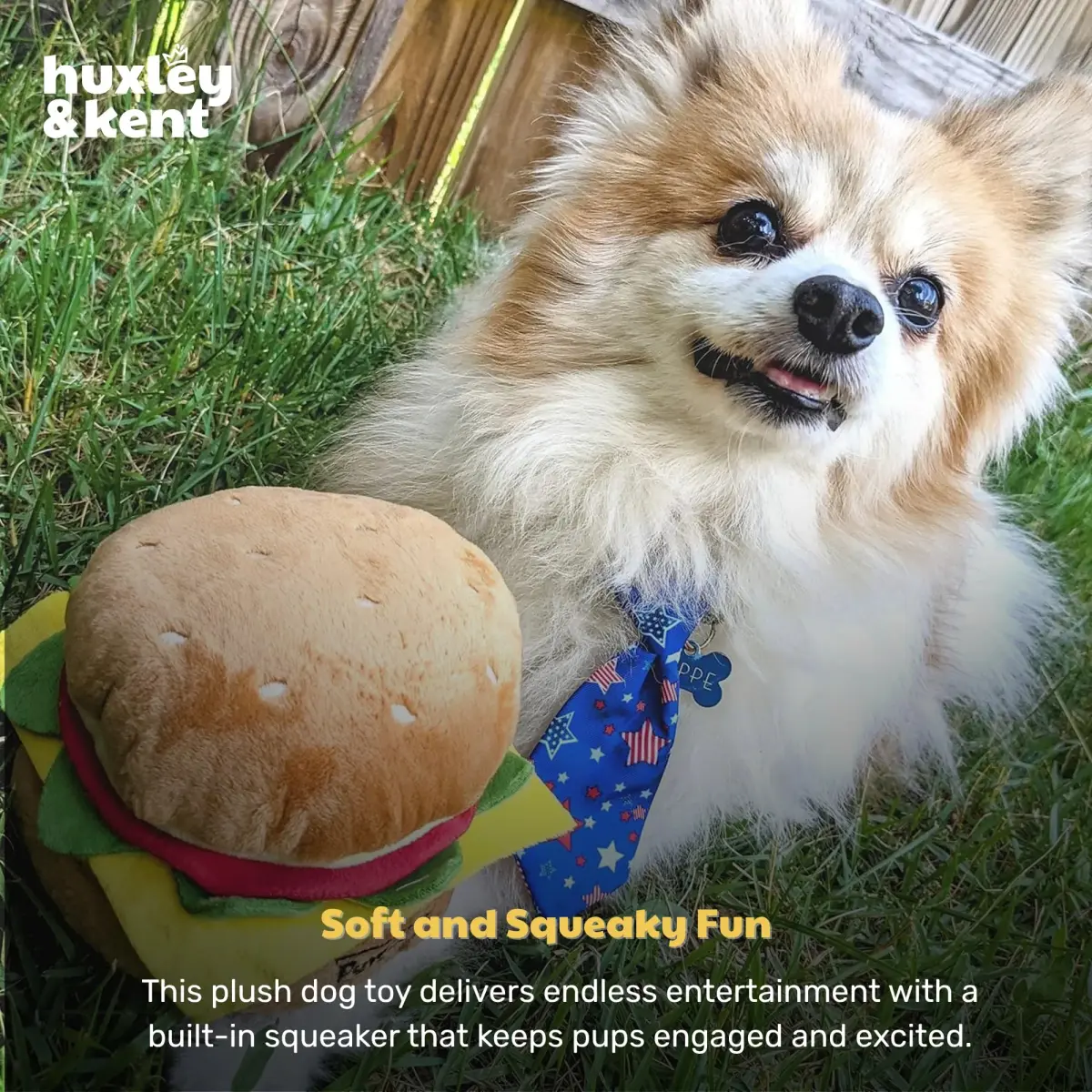 Huxley & Kent Hamburger Squeaky Dog Toy, Large 15.29 cm (6 in) | Soft Plush with Squeaker for Indoor Play & Fetch - view 6