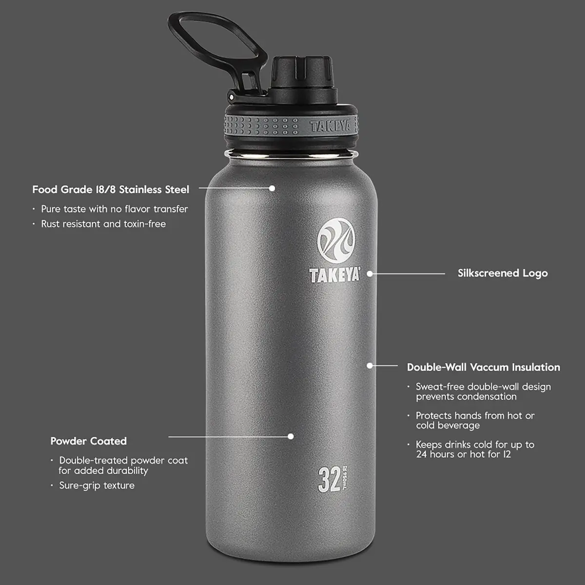 Takeya Originals 40 oz Vacuum Insulated Stainless Steel Water Bottle | Keeps Drinks Cold 24 Hrs/Hot 12 Hrs - view 3