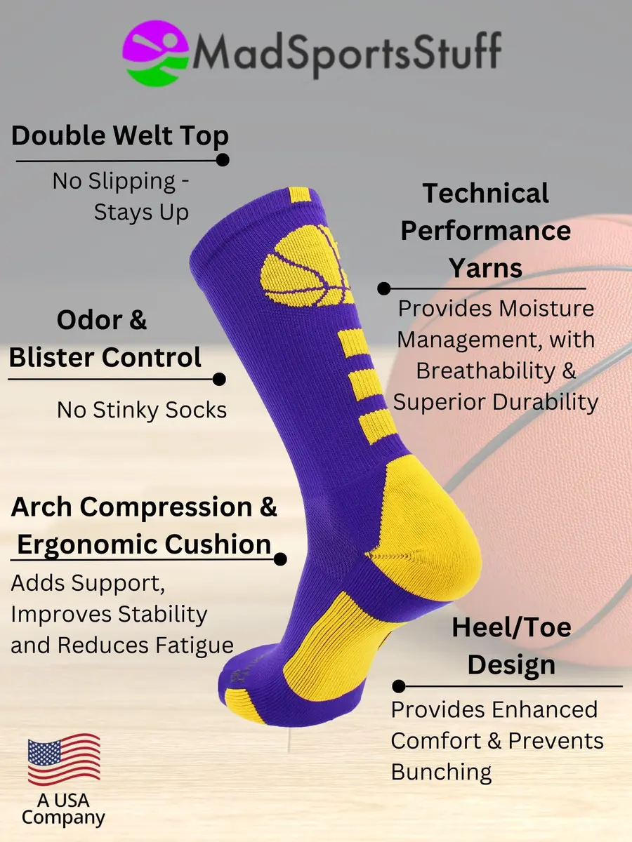 MadSportsStuff Basketball Socks - Youth Team Apparel - Durable Knit - Small, Purple/Gold | Support for intense basketball play - view 5