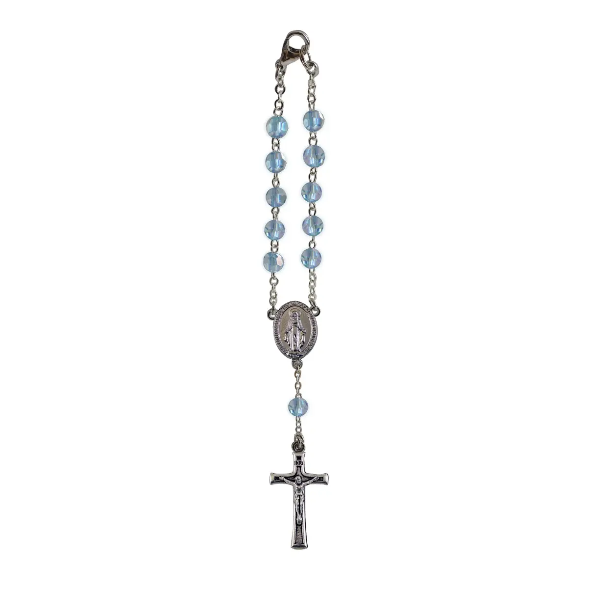 Cathedral Art March/Aquamarine Birthstone Car Rosary Pendant 6 inches (15.24 cm) | Sterling Silver with Simulated Aquamarine - main product image