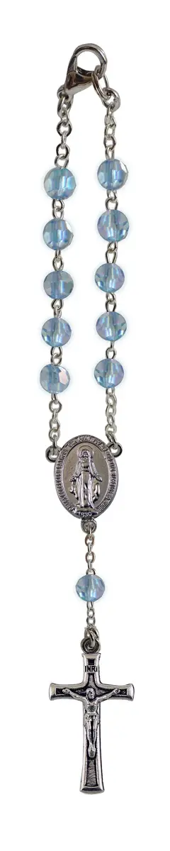 Cathedral Art March/Aquamarine Birthstone Car Rosary Pendant 6 inches (15.24 cm) | Sterling Silver with Simulated Aquamarine - main product image