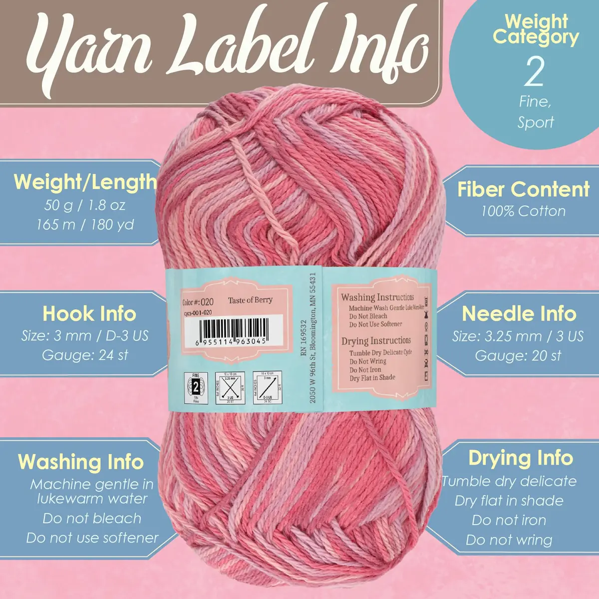 BambooMN JubileeYarn Cotton Select Yarn - Marina Pink | 8 Skeins, Sport Weight, Soft Cotton - view 5