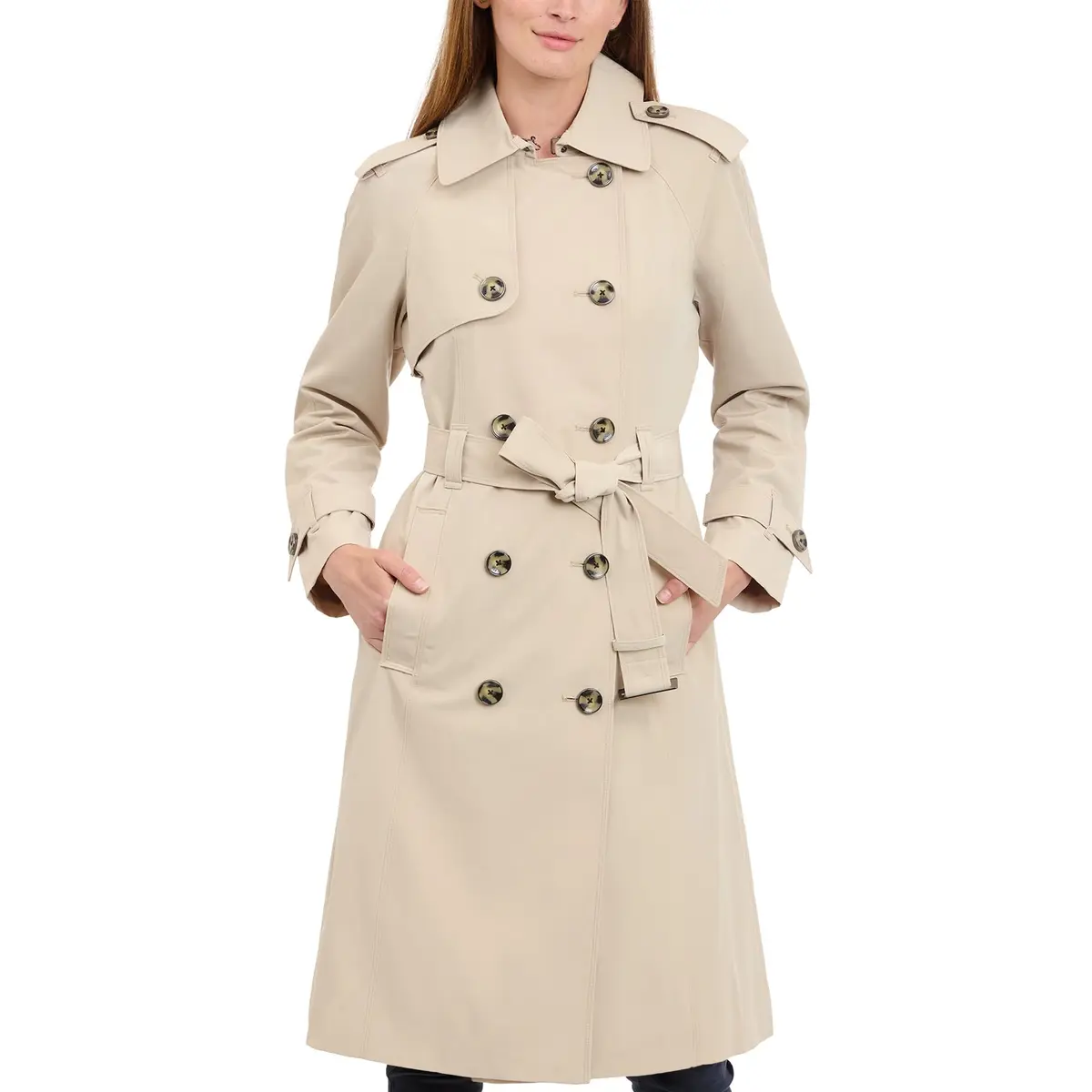 London Fog Women's 3/4 Length Double-Breasted Trench Coat with Belt, Stone, Small | Windproof & Water-Resistant - main product image