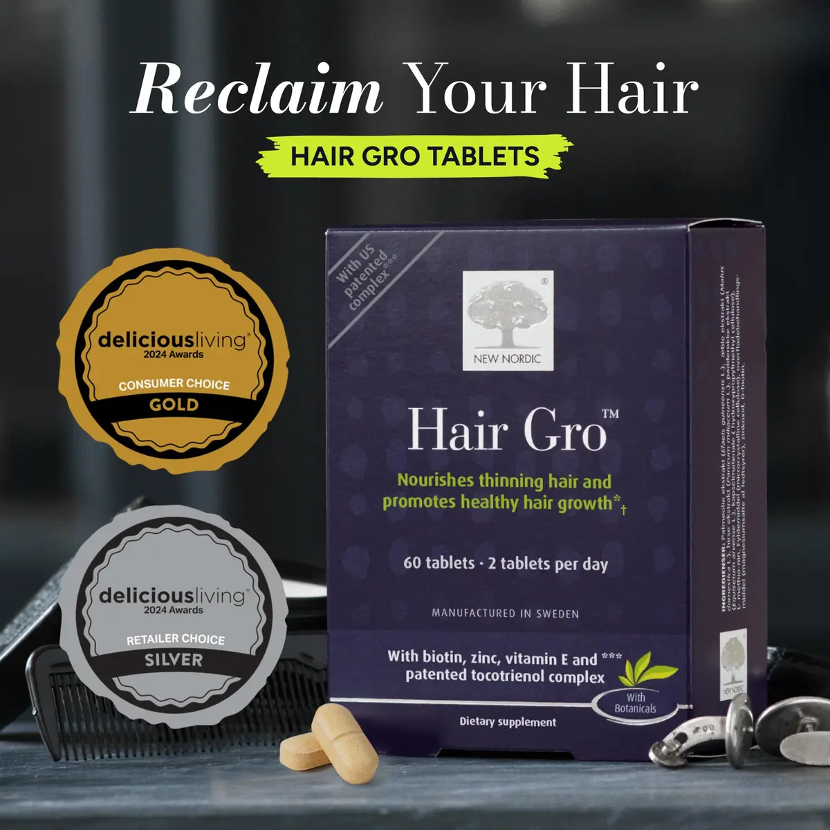NEW NORDIC Hair GRO Tablets | Biotin & Tocotrienol Complex for Hair Growth | 60 Count - view 2