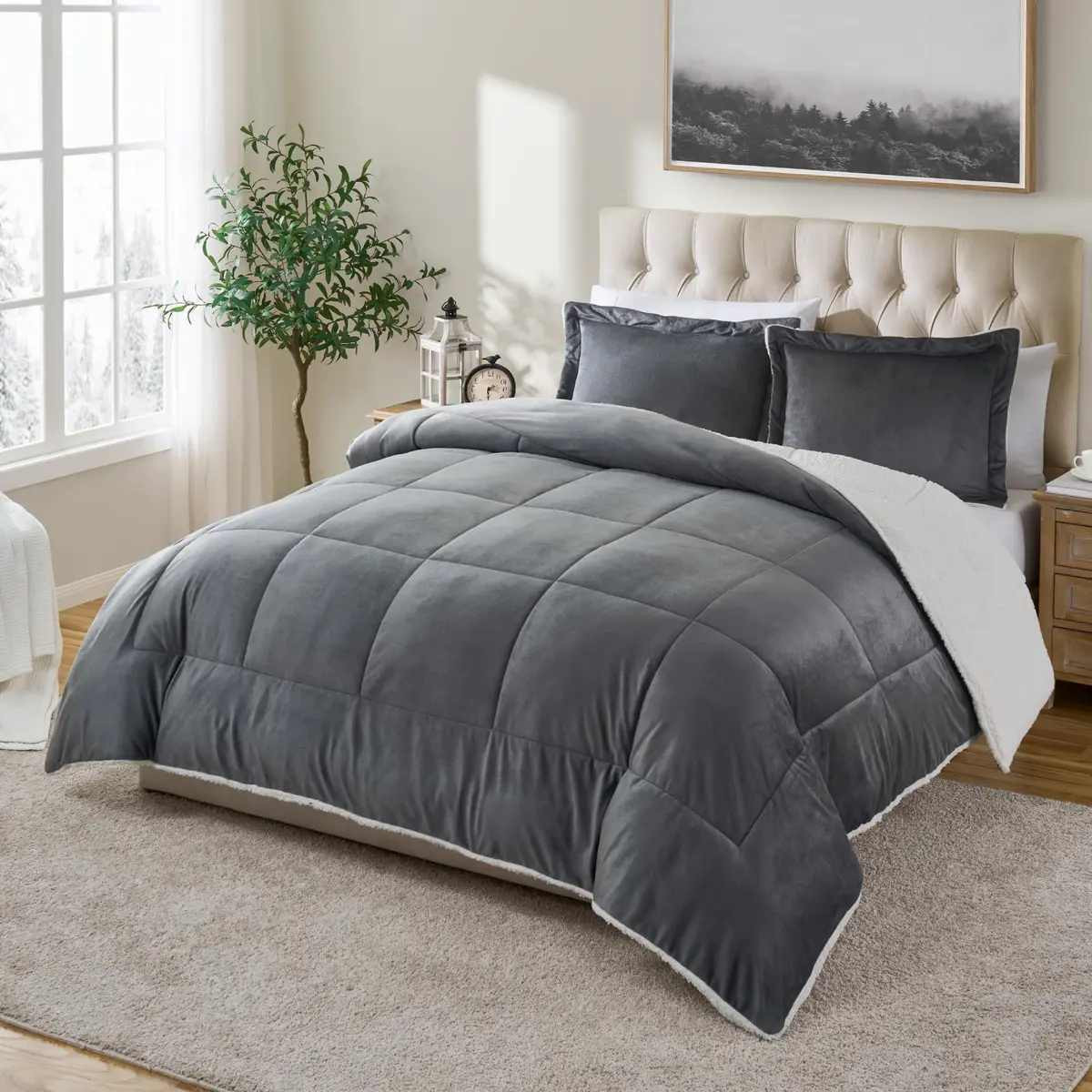 Cathay Home Twin Comforter Set, Reversible Micromink Sherpa, Pewter | All-Season Lightweight Bedding - main product image
