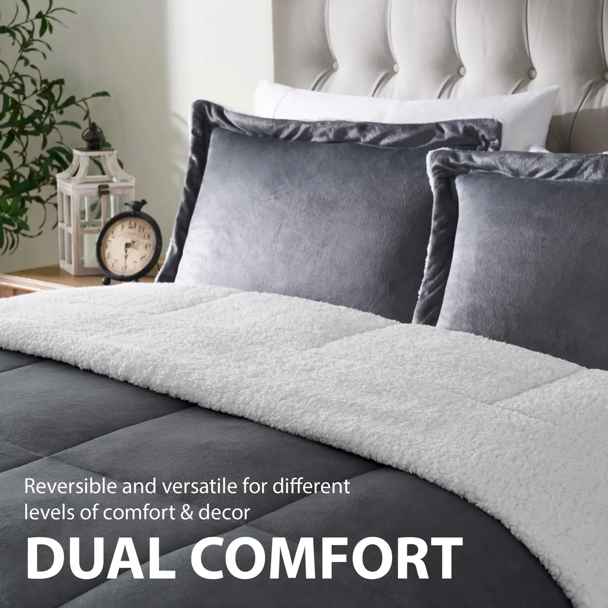 Cathay Home Twin Comforter Set, Reversible Micromink Sherpa, Pewter | All-Season Lightweight Bedding - view 2