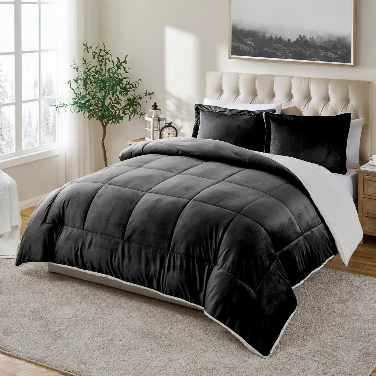 Cathay Home Twin Comforter Set, Reversible Micromink Sherpa, Black | All-Season Lightweight Comforter - main product image