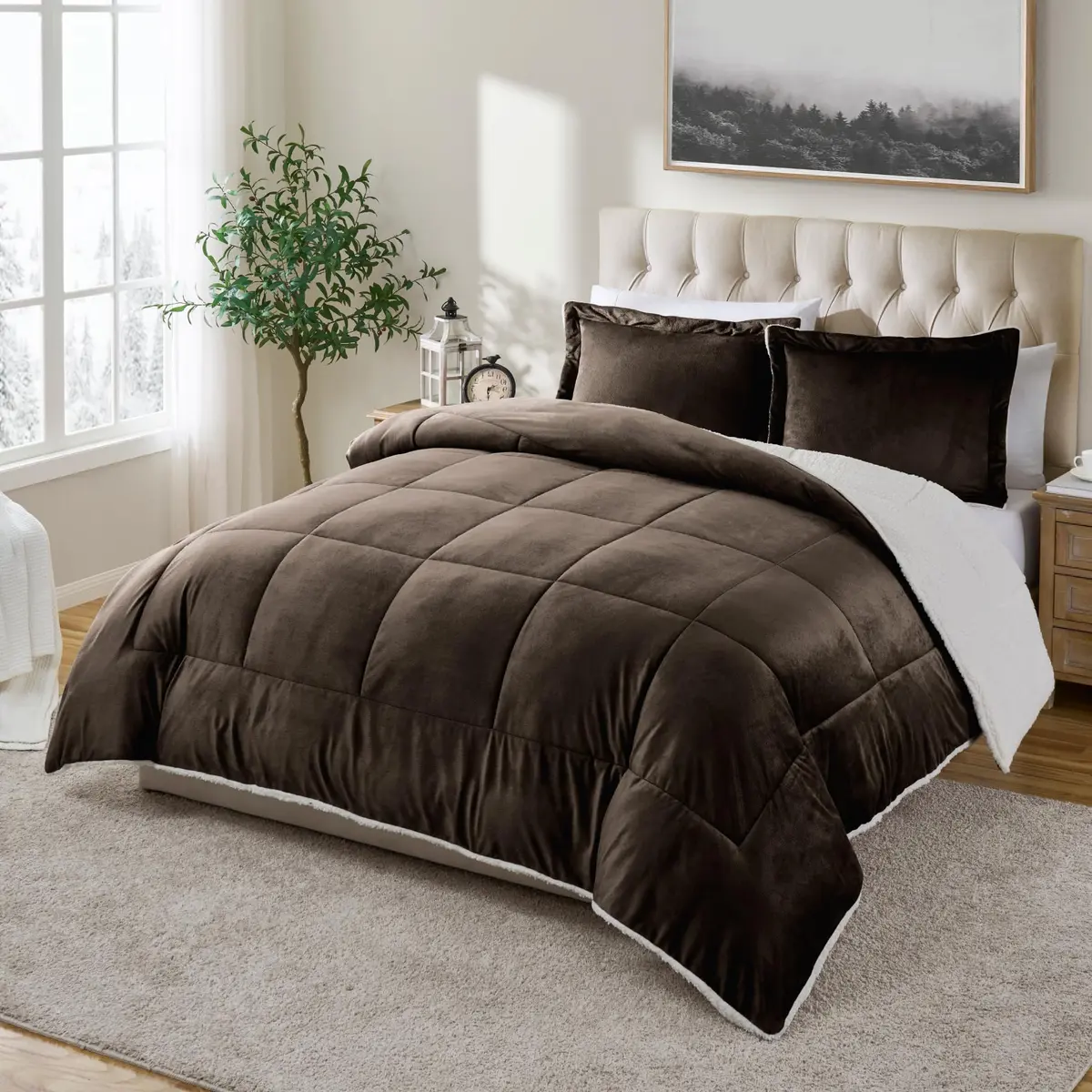 Cathay Home Twin Comforter Set, Reversible Micromink Sherpa, Chocolate | All-Season Cozy Bedding - main product image