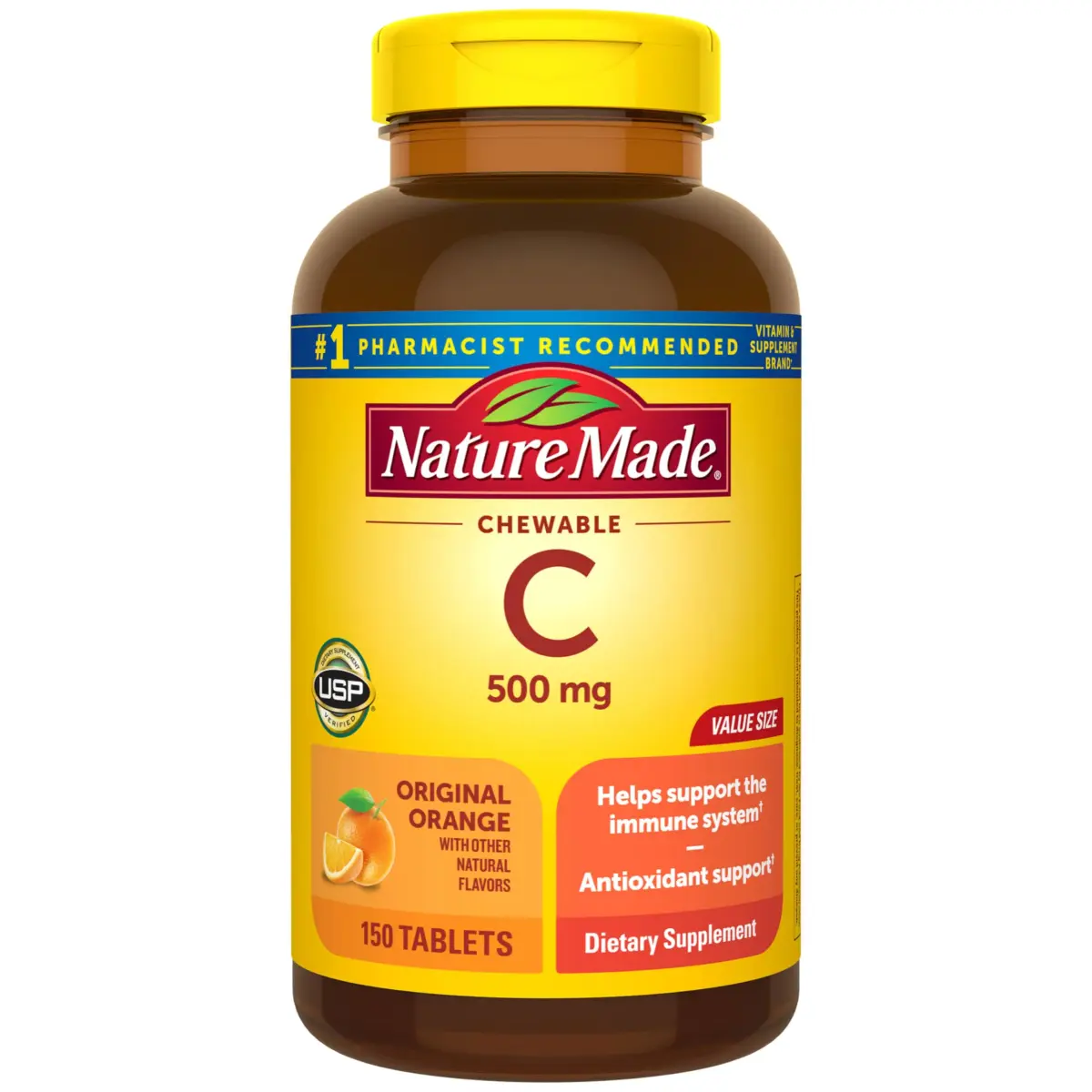 Nature Made Chewable Vitamin C 500 mg Tablets Orange Flavor 150 Count | USP Verified Immune Support - main product image