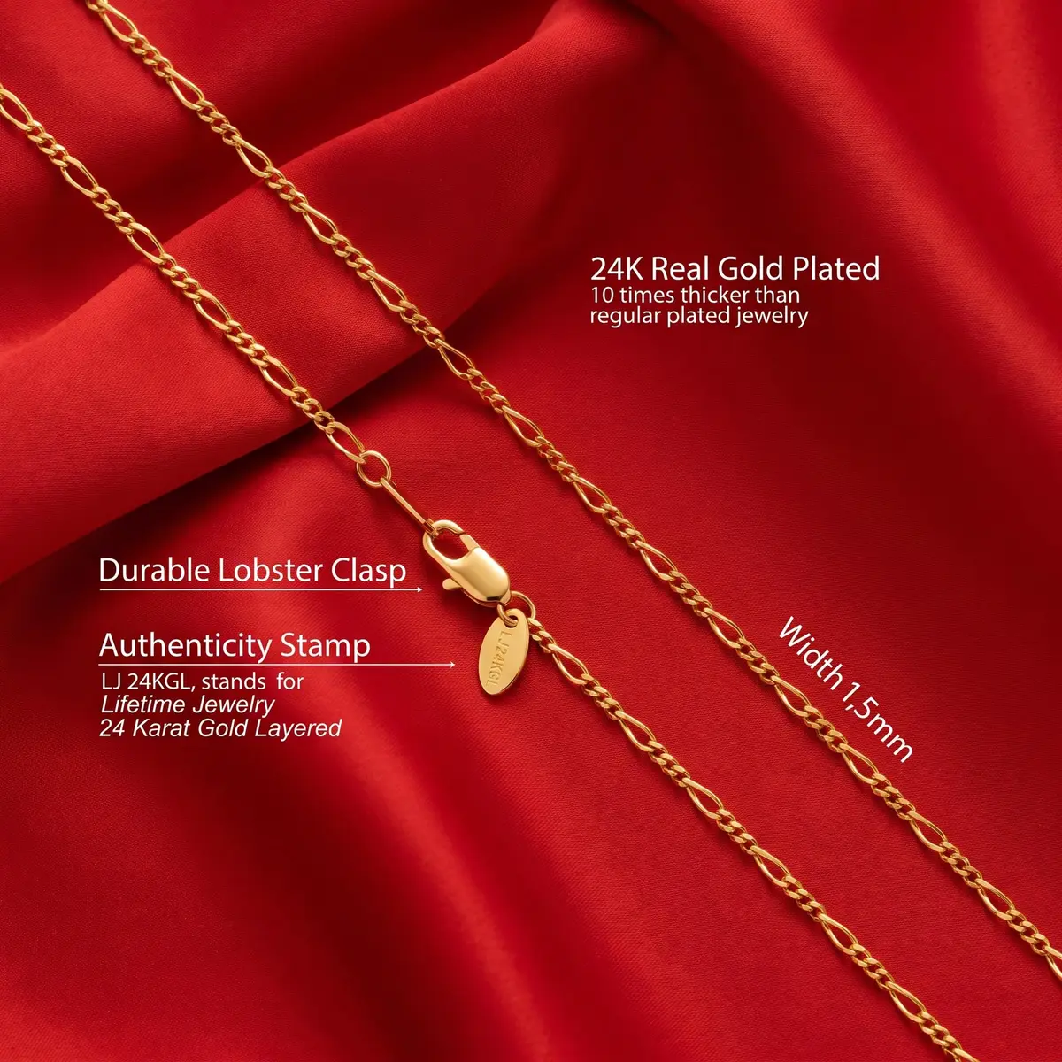 LIFETIME JEWELRY 1.5mm Figaro Chain Necklace 24 inches | Gold Plated Unisex Jewelry - view 4