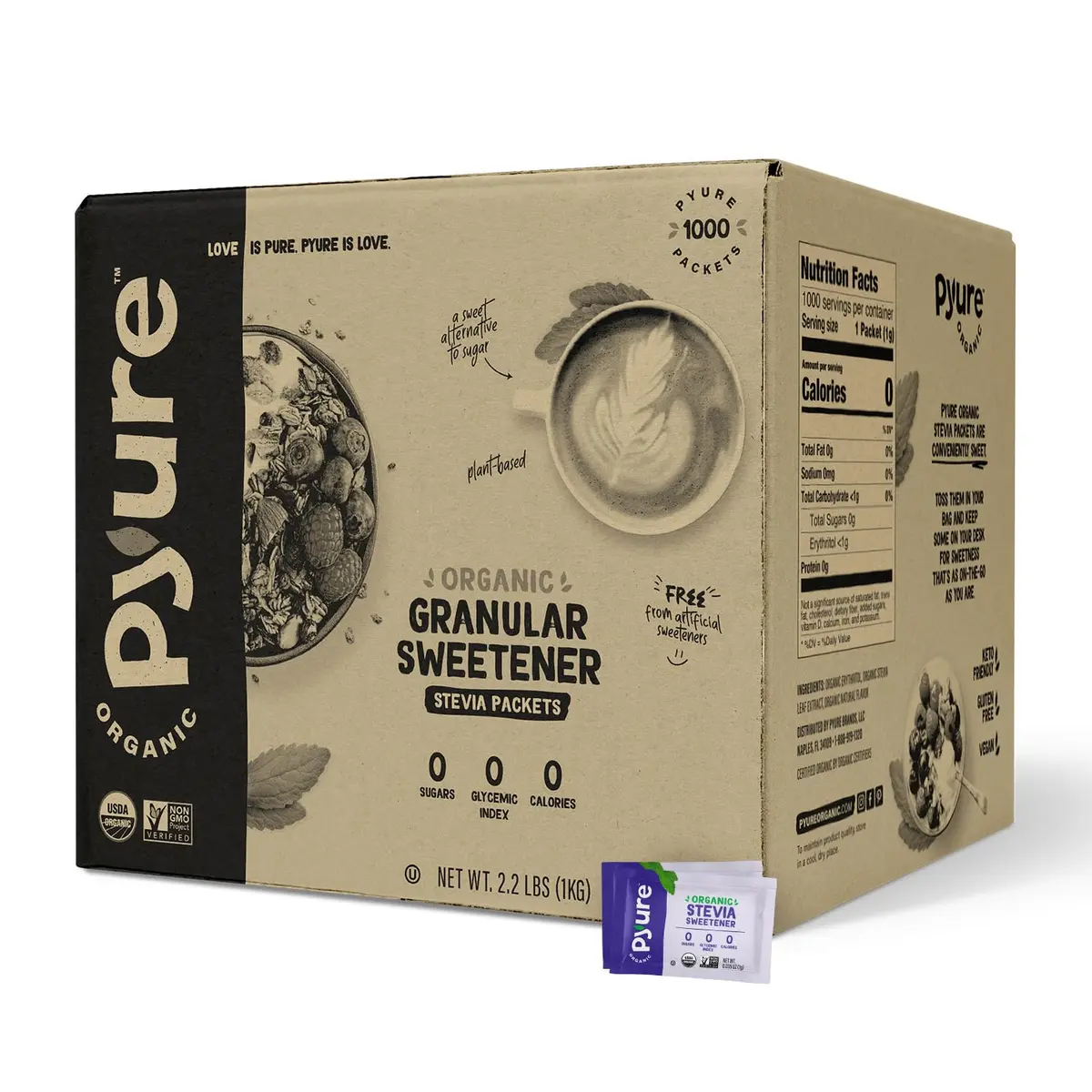 Pyure Organic Stevia Packets 1000 Count (Pack of 1) | Zero Calorie Sweetener for Coffee & Baking - main product image