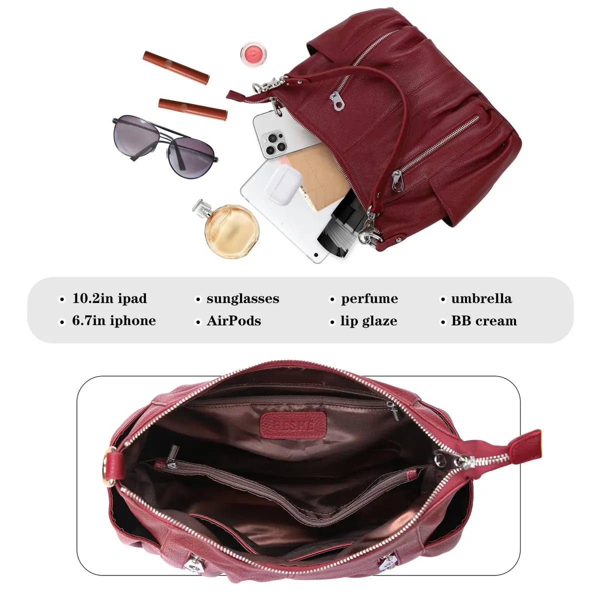 HESHE Genuine Leather Purses for Women Shoulder Hobo Bag Crossbody Satchel Handbags Designer Ladies Totes | Elegant & Spacious - view 7