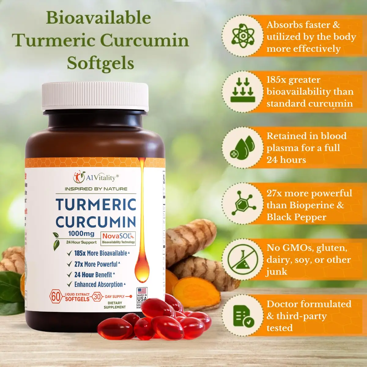 A1Vitality NovaSOL Turmeric Curcumin 1000mg | Clinically Proven 185x Higher Absorption for Joint & Overall Wellness - view 4