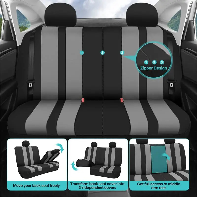 FH Group Car Seat Cover Full Set Striking Gray | Universal Fit, Foam Padding, Airbag Compatible - view 10