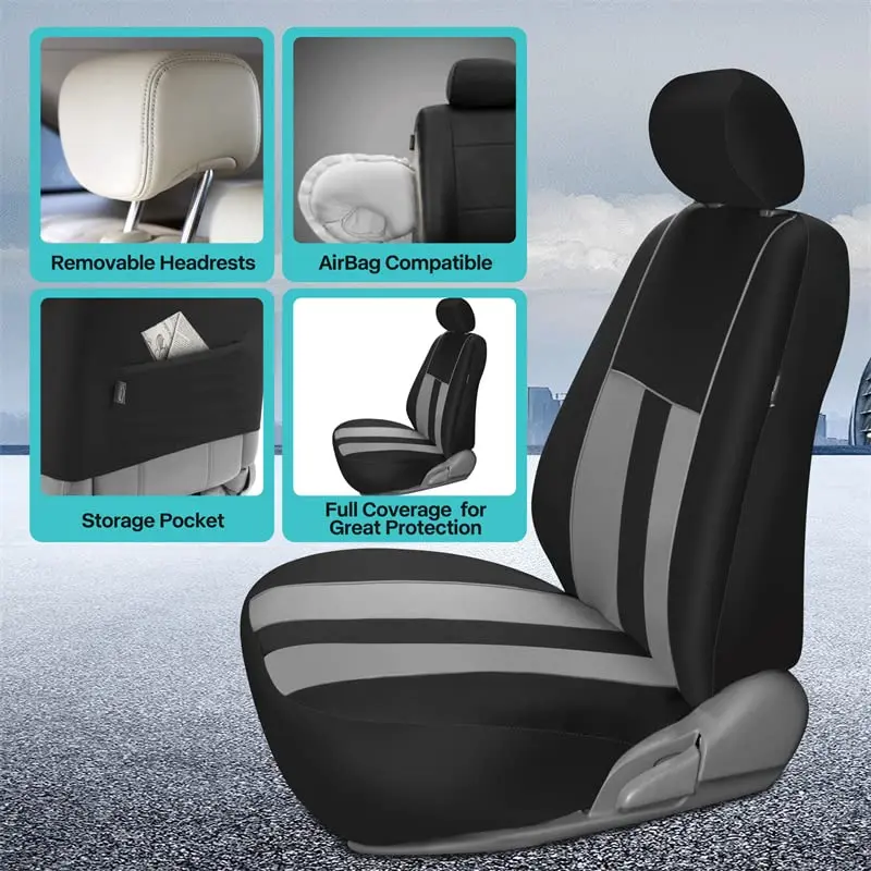FH Group Car Seat Cover Full Set Striking Gray | Universal Fit, Foam Padding, Airbag Compatible - view 6