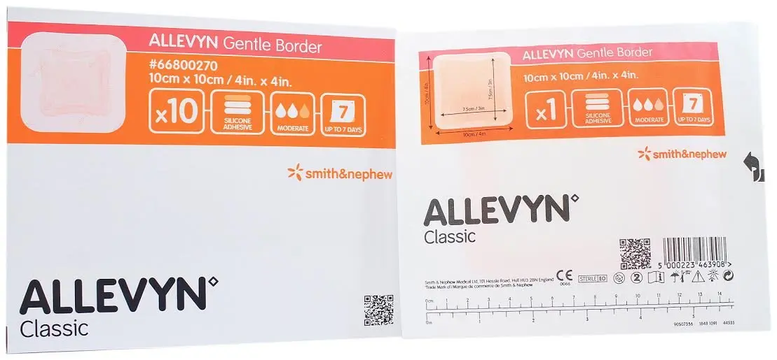 Allevyn Gentle Border Wound Dressing 10 Count | Hydrocellular Foam with Silicone Border for Indian Wounds - main product image