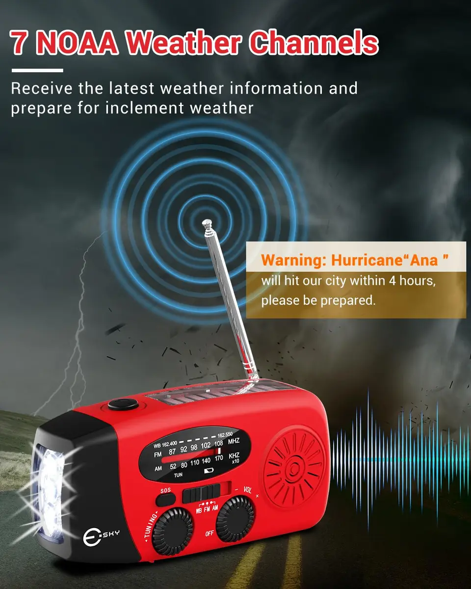 Esky Emergency Hand Crank Radio Red 295ml (10.0oz) | SOS Alarm & NOAA Weather Alerts - view 2