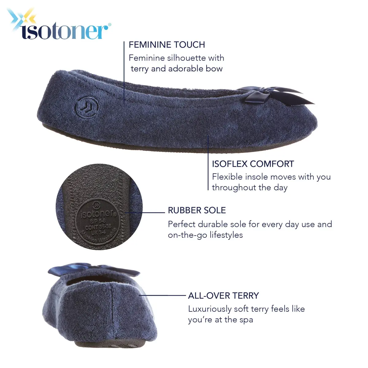 isotoner Women's Indoor/Outdoor Classic Terry Ballerina Slippers with Non-slip Sole, Navy, 11-12 | Cozy, Elegant & Durable - view 4