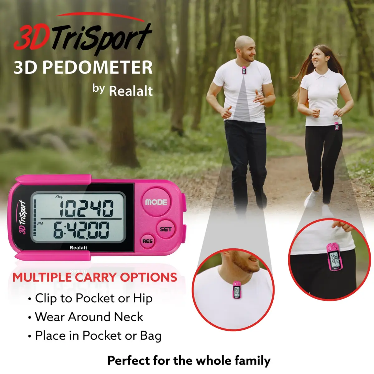 Realalt 3DTriSport 3D Pedometer with Clip & Strap, 30-Day Memory, 7.8cm (3") Magenta | Accurate Step Counter for Seniors & Beginners - view 5