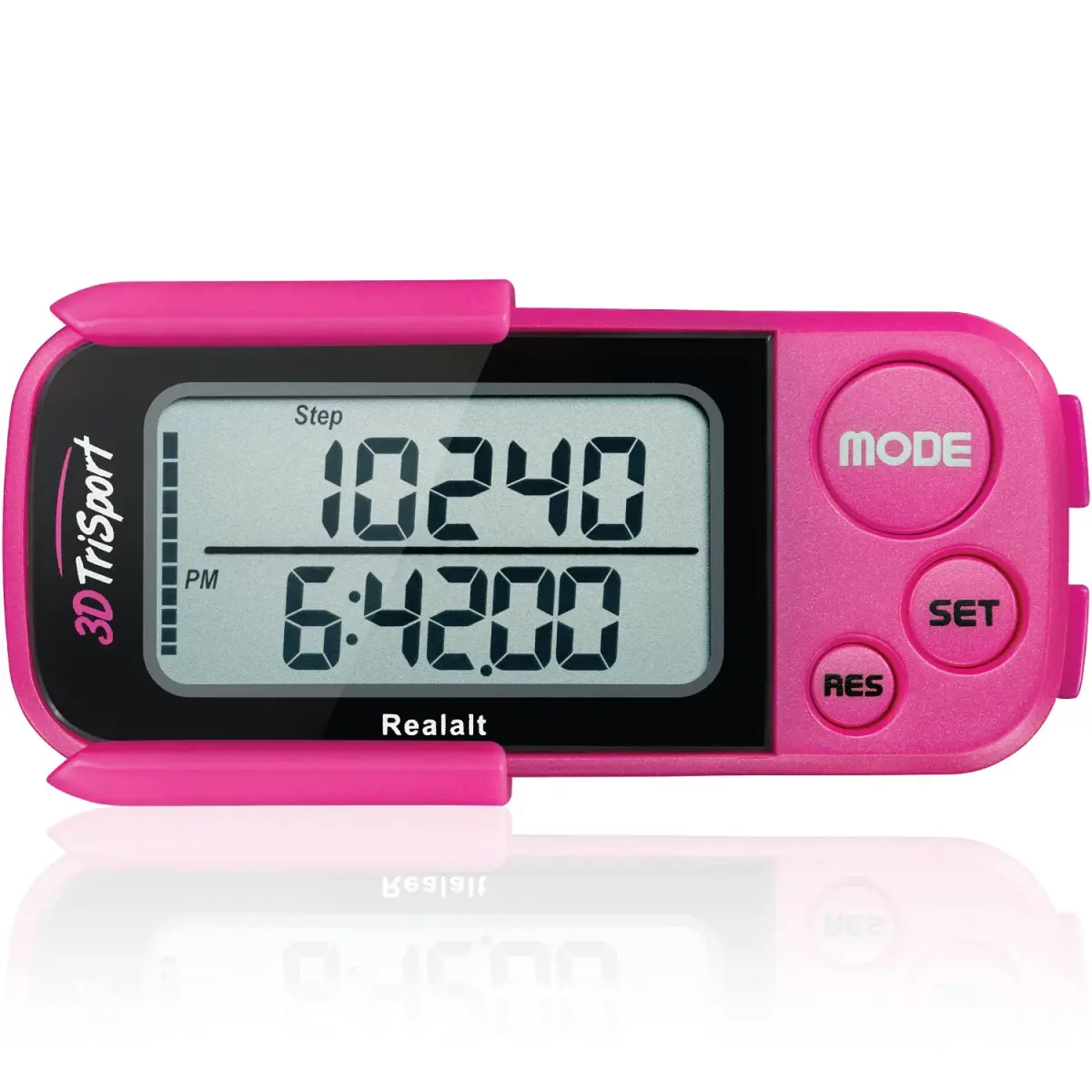 Realalt 3DTriSport 3D Pedometer with Clip & Strap, 30-Day Memory, 7.8cm (3") Magenta | Accurate Step Counter for Seniors & Beginners - main product image