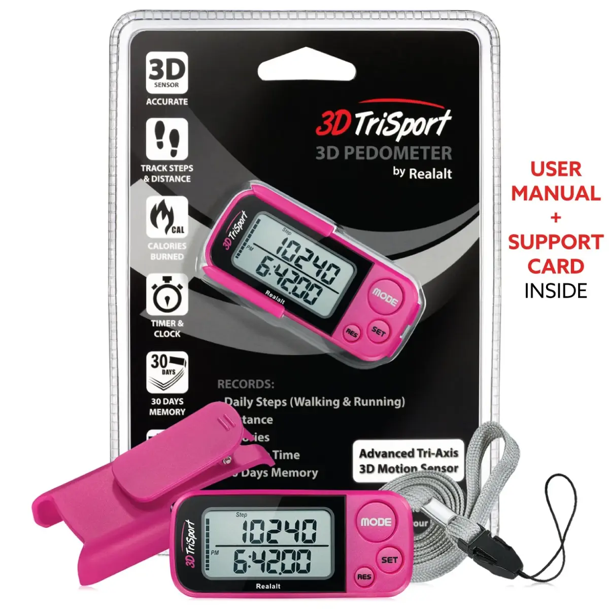 Realalt 3DTriSport 3D Pedometer with Clip & Strap, 30-Day Memory, 7.8cm (3") Magenta | Accurate Step Counter for Seniors & Beginners - view 7