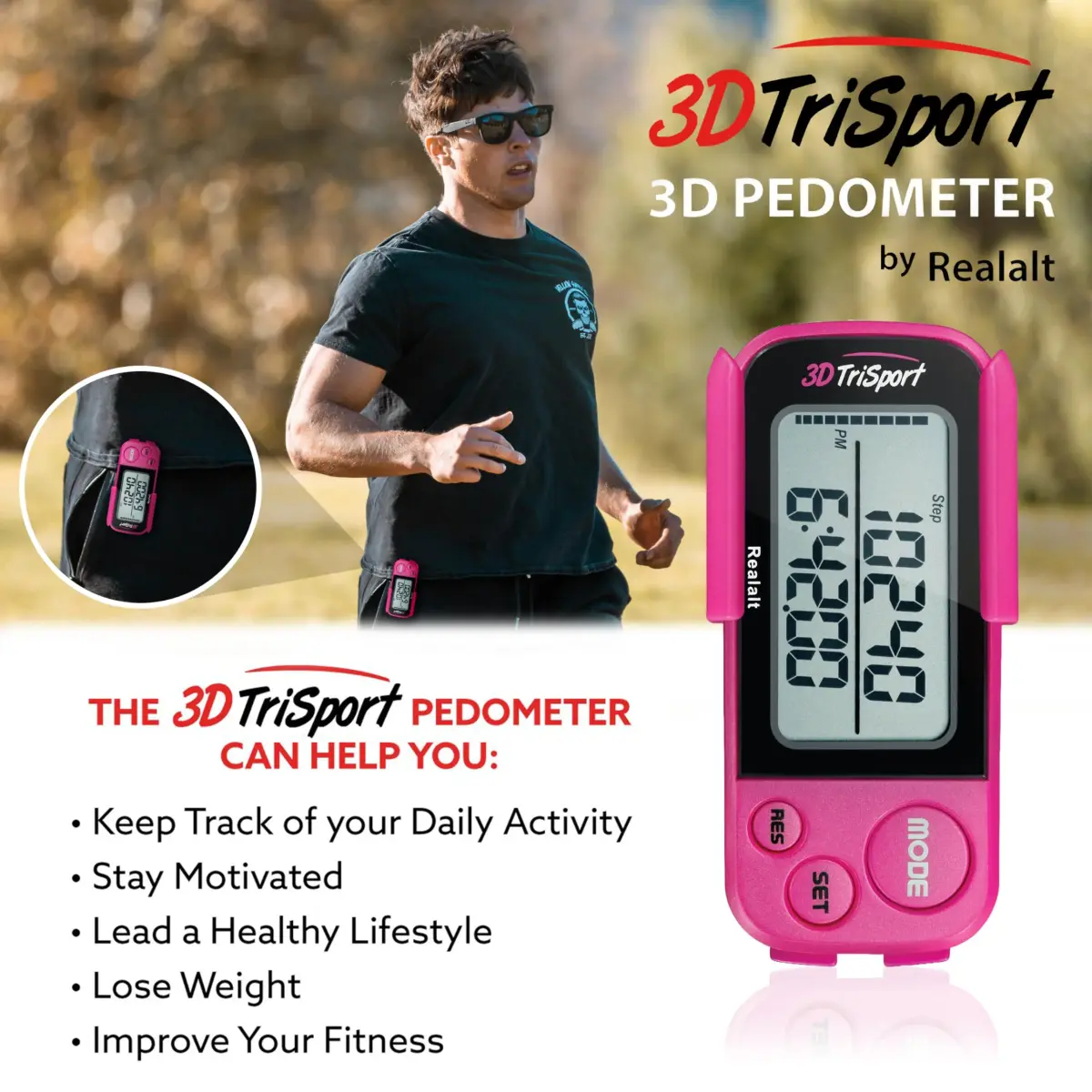 Realalt 3DTriSport 3D Pedometer with Clip & Strap, 30-Day Memory, 7.8cm (3") Magenta | Accurate Step Counter for Seniors & Beginners - view 3