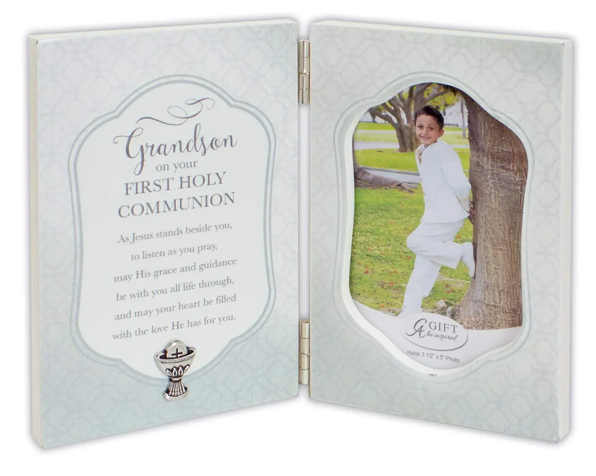 Cathedral Art Grandson Communion Picture Frame 6" x 8" | Hinged Metal Frame with Blessings (70-120 chars) - main product image