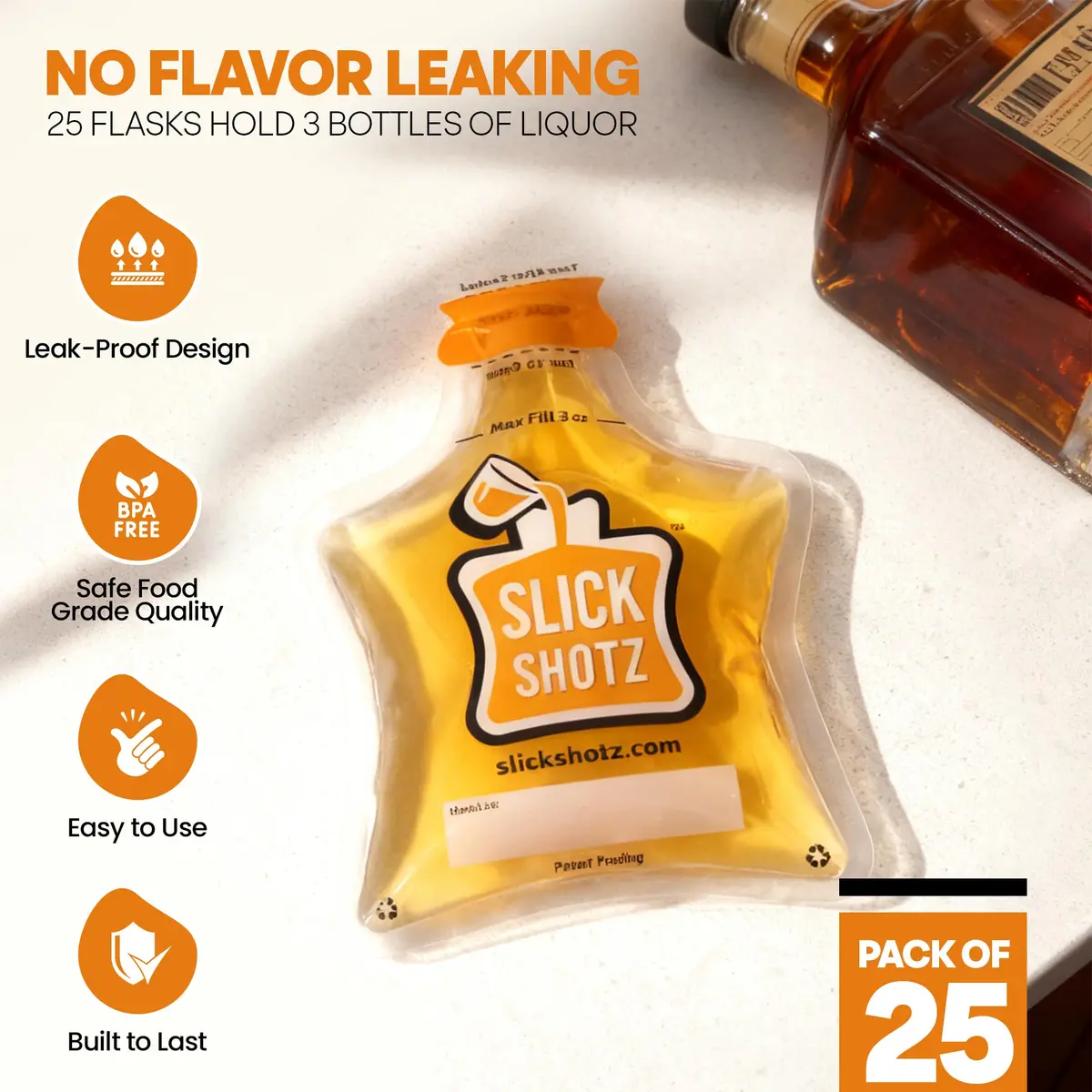 Slick Shotz 25 Pcs Heat Sealed Plastic Flask for Liquor – 3oz BPA-Free Leak Proof Reusable Drink Pouches for Alcohol in Travel - view 6