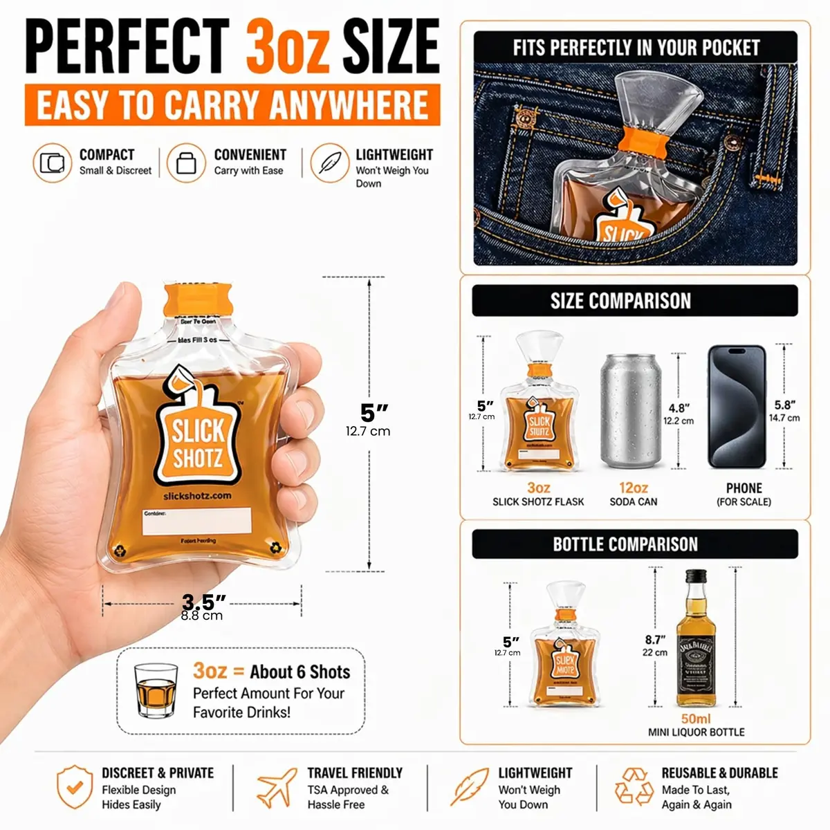Slick Shotz 25 Pcs Heat Sealed Plastic Flask for Liquor – 3oz BPA-Free Leak Proof Reusable Drink Pouches for Alcohol in Travel - view 2
