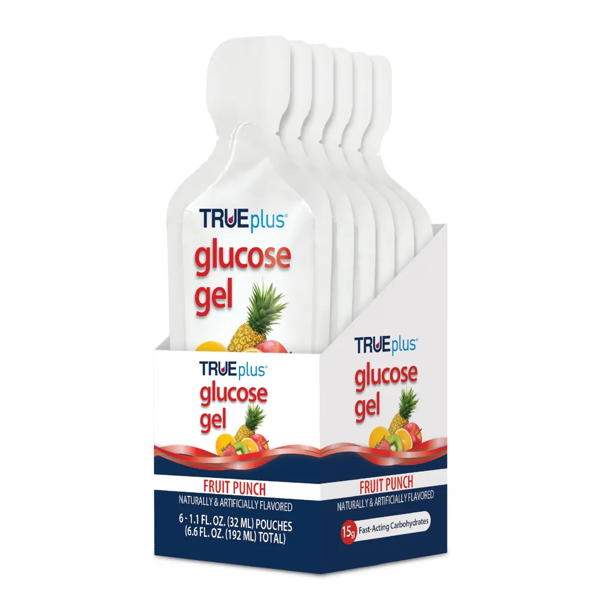 TRUEplus Glucose Gel Pouch, 15g Carbohydrates | Fruit Punch Flavor, 6 Pack, Travel-Ready, Gluten & Fat Free - main product image